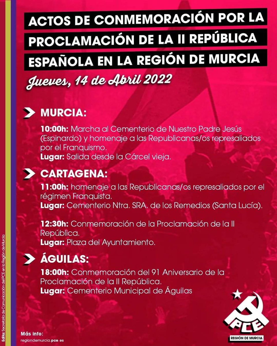 pcrm_es's tweet photo. 📣 Este Jueves, 14 de abril volvemos a salir reivindicando el #DíaDeLaRepública junto a las organizaciones de Memoria Histórica y la sociedad civil, para conmemorar la proclamación de la #IIRepública y homenajear a los y las represaliadas por la dictadura Franquista. 
#APorLaIII https://t.co/gnEPuWZRtP
