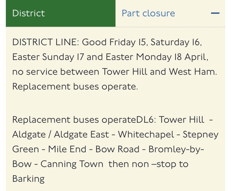 Bank Holiday Engineering Works. London Overground service operating only from Whitechapel.