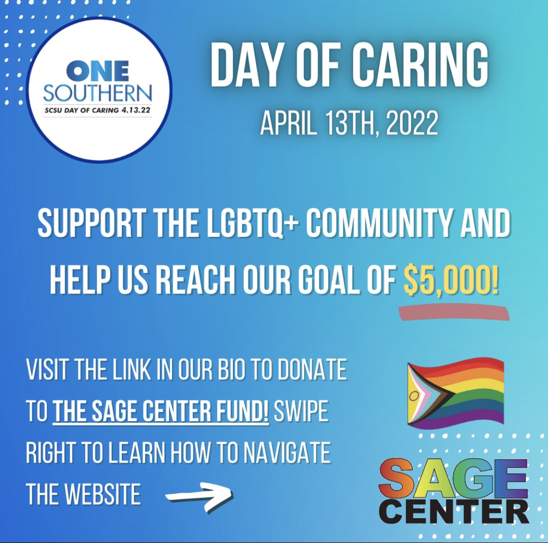 scsusage's tweet image. Happy Day of Caring! Follow the instructions above to donate to the SAGE Center LGBTQ+ Fund and help us reach our goal of $5,000! #OneSouthern #DayofCaring2022 #SCSUDayOfCaring #SAGECenterLGBTQFund