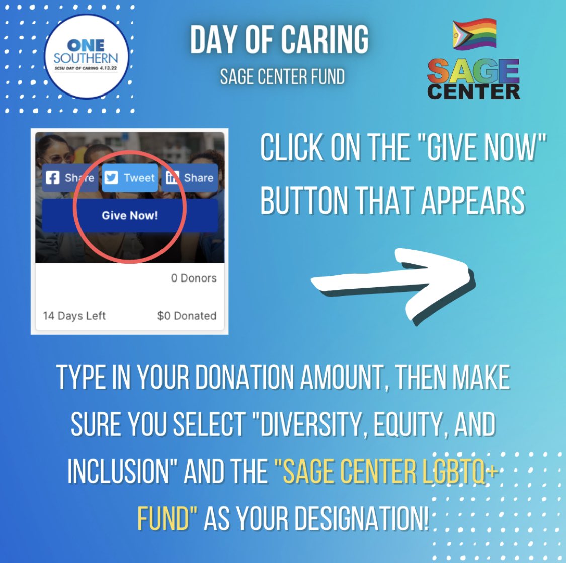 scsusage's tweet image. Happy Day of Caring! Follow the instructions above to donate to the SAGE Center LGBTQ+ Fund and help us reach our goal of $5,000! #OneSouthern #DayofCaring2022 #SCSUDayOfCaring #SAGECenterLGBTQFund
