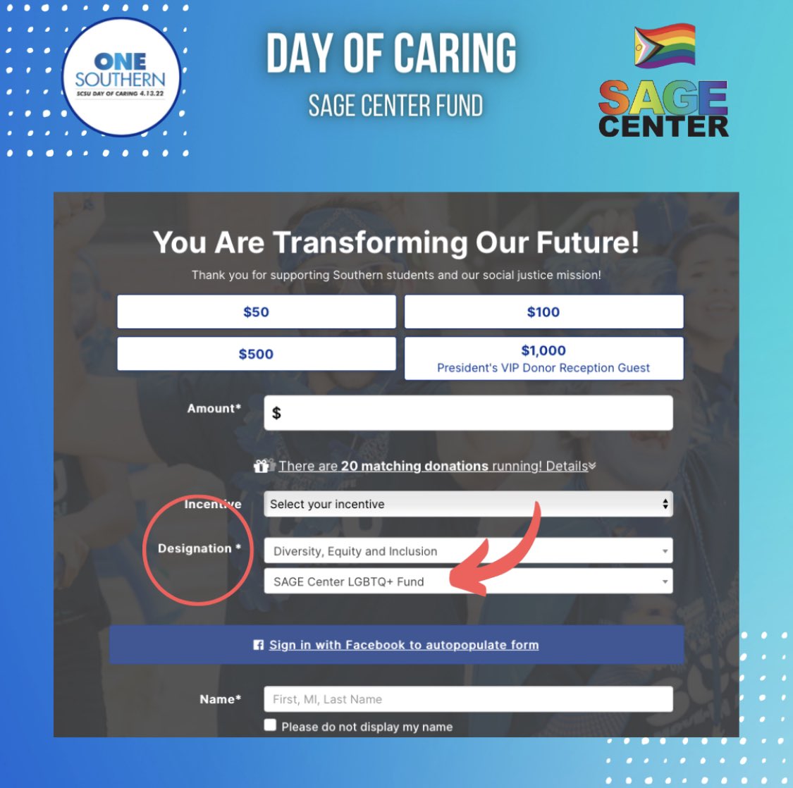 scsusage's tweet image. Happy Day of Caring! Follow the instructions above to donate to the SAGE Center LGBTQ+ Fund and help us reach our goal of $5,000! #OneSouthern #DayofCaring2022 #SCSUDayOfCaring #SAGECenterLGBTQFund