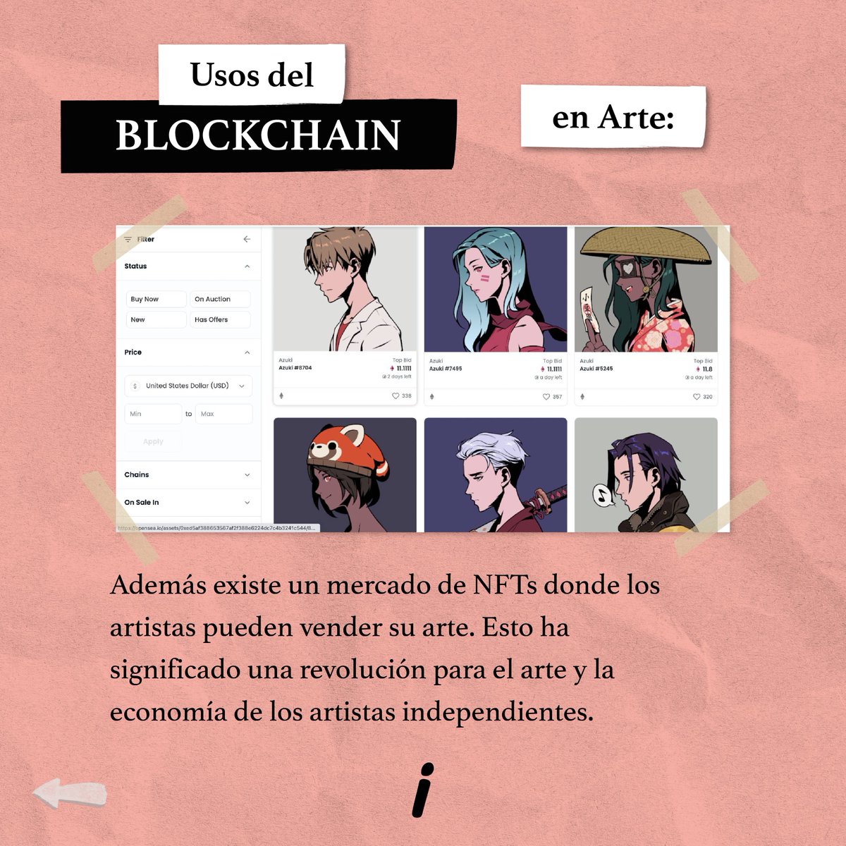 4️⃣ Uso del #blockchain en el Arte 🎨🖌️
.
El Blockchain comenzó a utilizarse en el Arte principalmente a través de los #NFTs (non fungible tokens).
