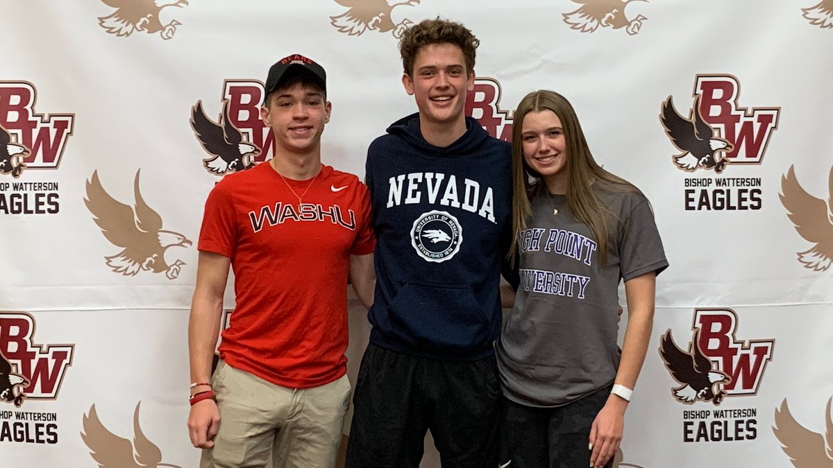WattersonTF's tweet photo. Three of our athletes celebrated their college commitments this morning:

✅ Max Latshaw will run for @WASHU_XCTF
✅ Cris Kubatko will run for @WolfPackTrack
✅ Amelia Moreland will jump for @HPUTrack

Your coaches and teammates are so proud of everything you've accomplished🦅❤️ https://t.co/kL2ciQuMbH