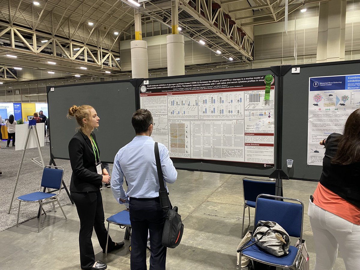 weldeiry's tweet photo. Visiting @BrownUPathoGP student Kelsey Huntington, winner of @AACR #AACR22 Scholar-in-Training Award, as she presents discovery of exciting anti-cancer immune effects of GSK3 inhibitor 9-ING-41 in vivo #eldeirylab @BrownUCancer @BrownMedicine @bcarneiro7 @AnnaLouieMD @LanlanZhou https://t.co/lrPCE1AleW