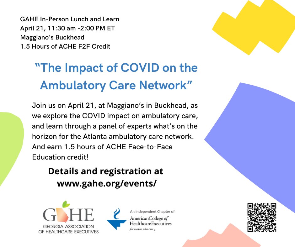 ACHEofGeorgia's tweet photo. Register now for GAHE's April 21 lunch and learn at Maggiano's. Our topic is, "The Impact of COVID on the Ambulatory Care Network." The program offers 1.5 hours of ACHE Face-to-Face credit. The early registration deadline is Monday, April 18.
https://t.co/KhjivsowdI https://t.co/ZGjP3S5gWF