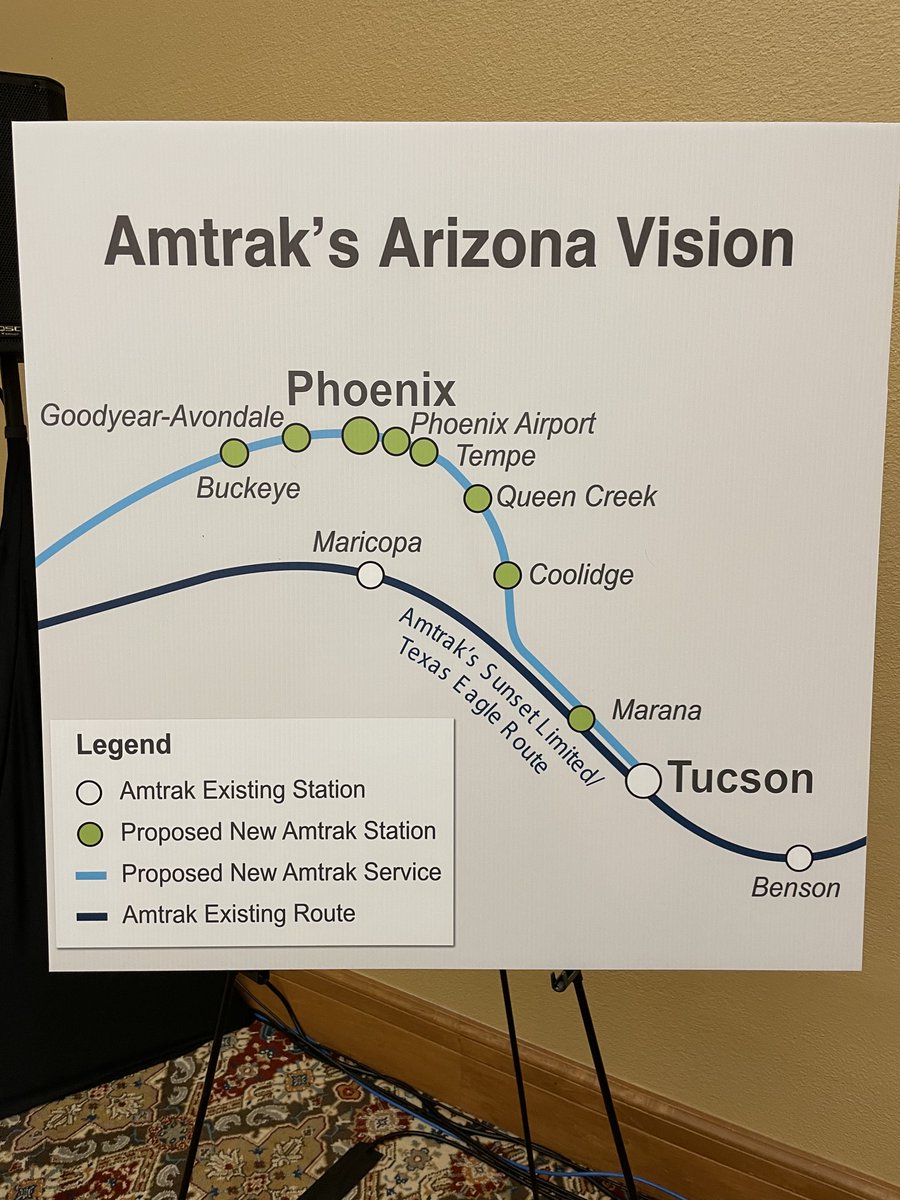TucsonRomero's tweet image. The two largest cities in #Arizona are not connected by rail: We need to change that. 

We have an opportunity to decongest I-10 from #Tucson to #Phoenix and connect to the West Valley and into #LA. It is in our best interest as a city, as a region, and as a state. @Amtrak