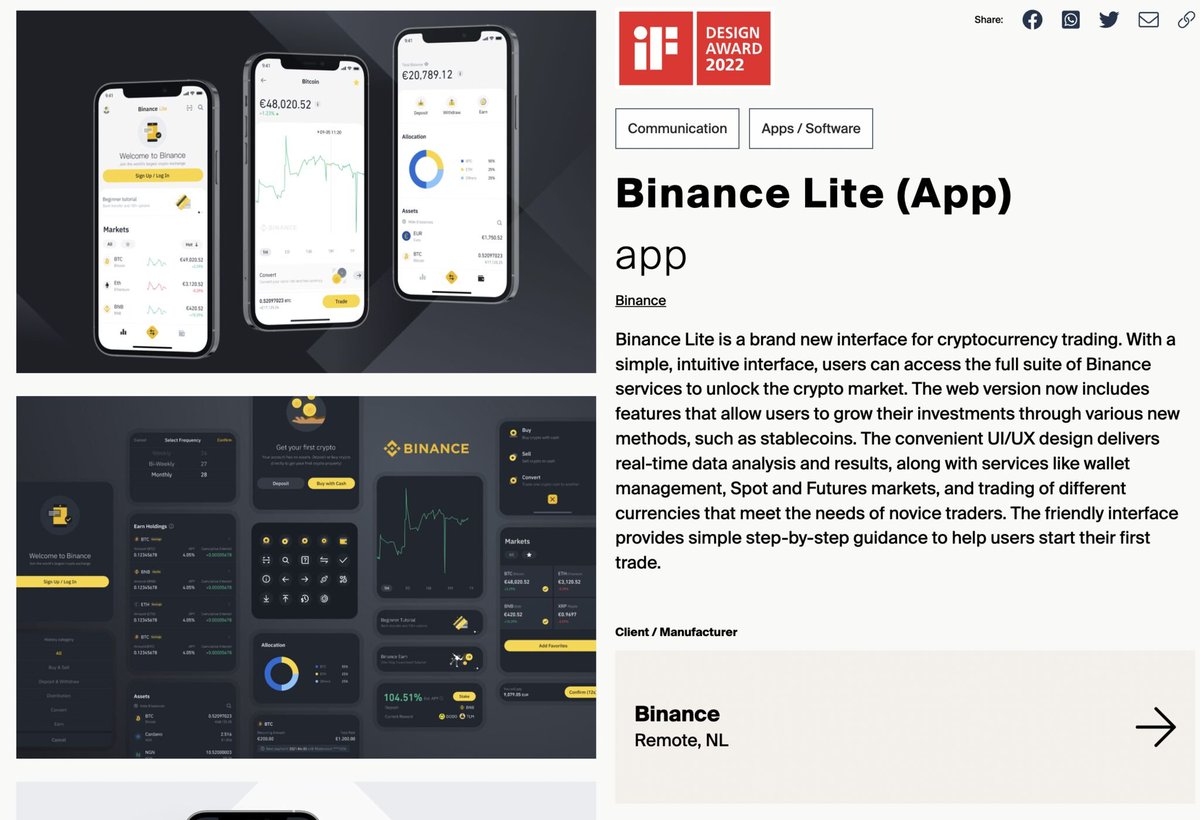 Binance has won two categories of awards at the IF Design Awards 2022.

@binance @cz_binance

#Binance #bitcoin #Blockchain #crypto #ifdesignaward2022 

ifdesign.com/en/winner-rank…