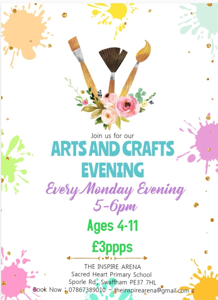 💅🪢🧶🧵🪡👑🌟✨🍍🍿Arts and Crafts for Ages 4-11 on a Monday Evening at The Inspire Arena.

Physical Wellbeing, Creativity and a place to meet new friends, please take a look at the poster for more information. 🥳🥳🥳

Weekly Themes to be announced soon.