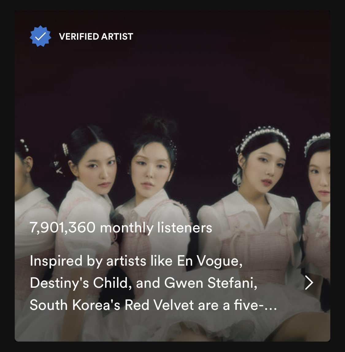 #RedVelvet has reached a NEW PEAK of 7.9M monthly listeners! 
7,901,360 (+ 73,832)