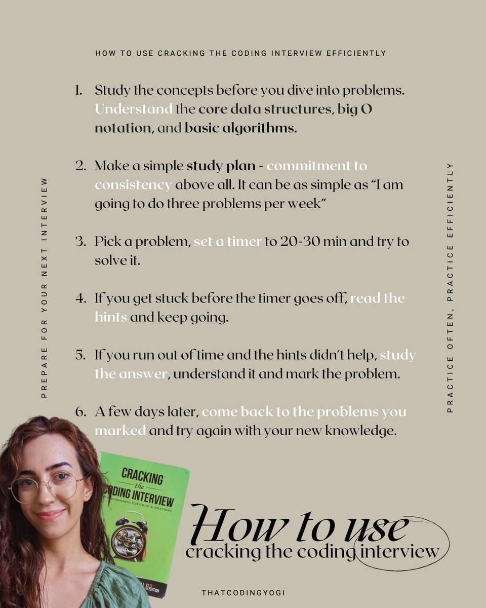 thatcodingyogi's tweet image. Some quick tips on how to use the book Cracking the Coding Interview efficiently
#technicalinterviews #ctci #SoftwareEngineer