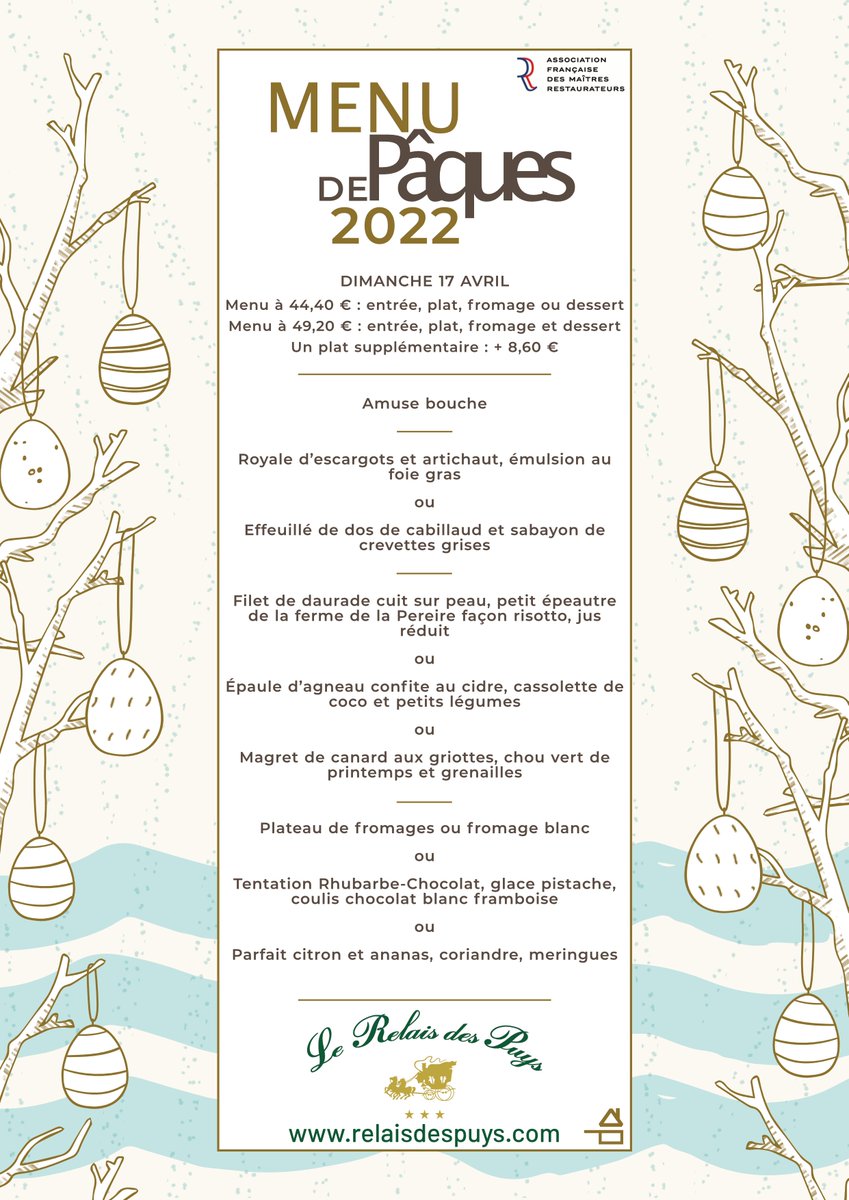RelaisdesPuys's tweet photo. ✔️ Découvrez notre 𝕄𝕖𝕟𝕦 𝕕𝕖 ℙâ𝕢𝕦𝕖𝕤 ! 🐣 
👉Le Relais des Puys, c'est une cuisine 100 % maison, garantie par le label Maître Restaurateur ! 😉
➡️ Pensez à réserver votre table au 04 73 62 10 51 ! 📲
🖥 https://t.co/CUMGjPeWb8 https://t.co/B8fJroPDcO