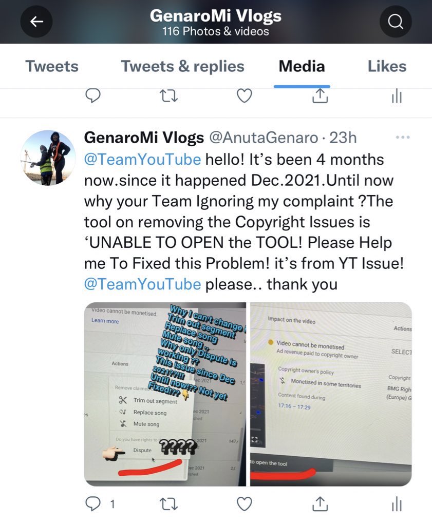 AnutaGenaro's tweet photo. @TeamYouTube @bcx_id @TeamYouTube  hello ! Have you read my post ? That was yesterday ..and no answer / reply from your team..please @TeamYouTube I tagged you many times ..please don’t ignore me..
Thank you .,,I’m waiting https://t.co/dl6zXKuTr6