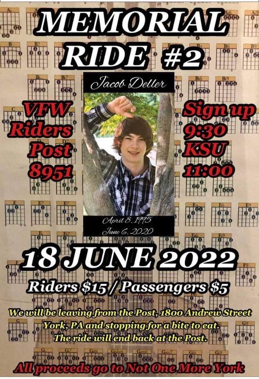 Bikers &amp; Cars, Pls join the Dellers for 2nd Annual Memorial Ride in memory of Jacob Deller on 6/18 @ VFW 8951 West York. Jacob lost his battle with addiction on 6/6/20 at the age of 25. His family is dedicated to breaking the stigma of addiction &amp; sharing Jacob’s memory.