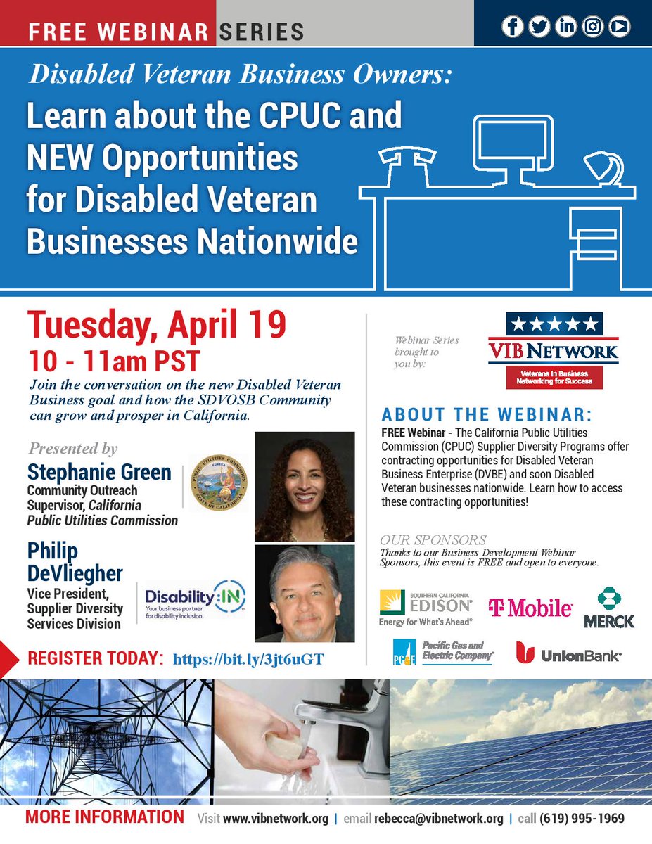 VIBNetwork's tweet image. FREE WEBINAR: Learn about the CPUC and NEW Opportunities for Disabled Veteran Businesses Nationwide!

This is a game-changer webinar for SDVOSB's looking to do work in California, don't be left behind.

Register Today: lnkd.in/gyS8r7GD

#vibnetwork #veterans # #business
