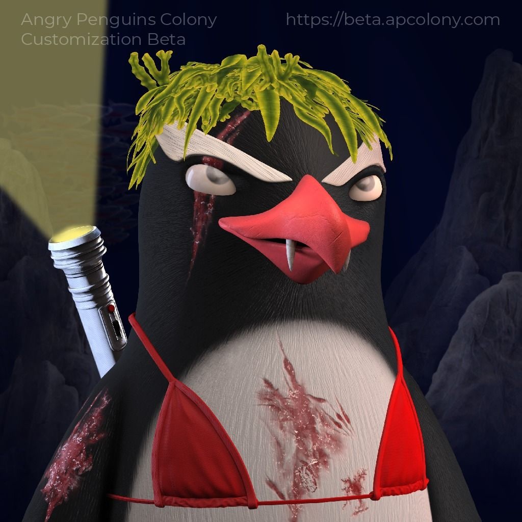 xEGLD's tweet photo. @AngryPenguins_ She is Angry AF 😈. "Evila" spends most of her time protecting the Colony 🐧🤍 from predators! She uses her charm (she thinks she is a mermaid 😅) to trap her next victims.
She also has a flashlight during every missions looking for some #EGLD 🐧🧠⚡
#AngryPenguinsCustomization https://t.co/dBLS5vBdOe