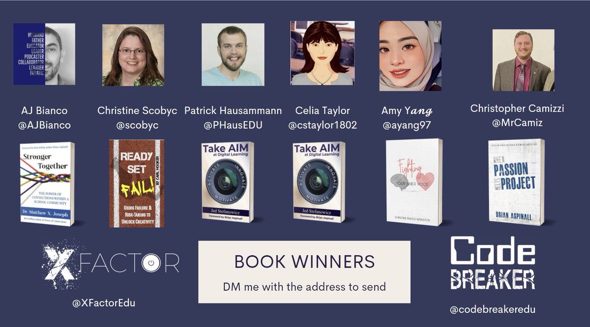 MatthewXJoseph's tweet image. The @XFactorEdu + @codebreakeredu book winners have been randomly selected. Thanks for the follow and support. DM me the address you want it sent to @AJBianco @scobyc @PHausEDU @cstaylor1802 @MrCamiz @Ayang9y
#CodeBreaker 
@mrhooker @Stefanowicz135 @RavesiWeinstein @mraspinall