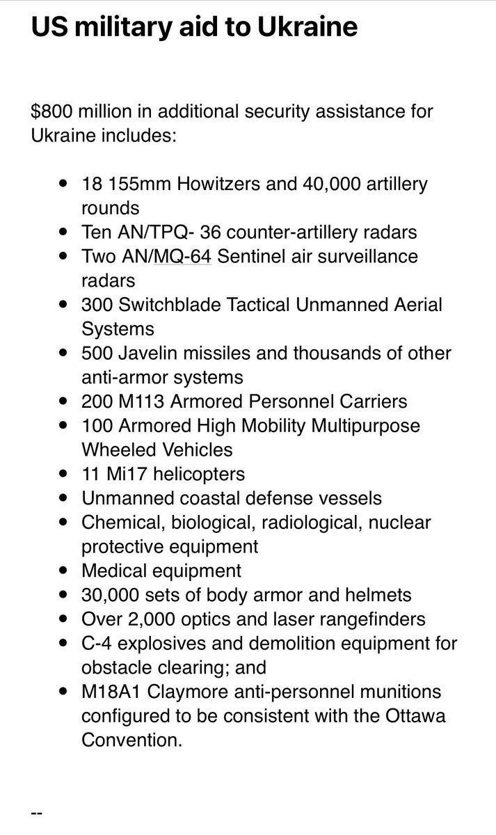 List of new military weapons being sent  from 🇺🇸 to #Ukraine                    h/t ⁦<a href="/EleanorMontague/">Eleanor Montague</a>⁩