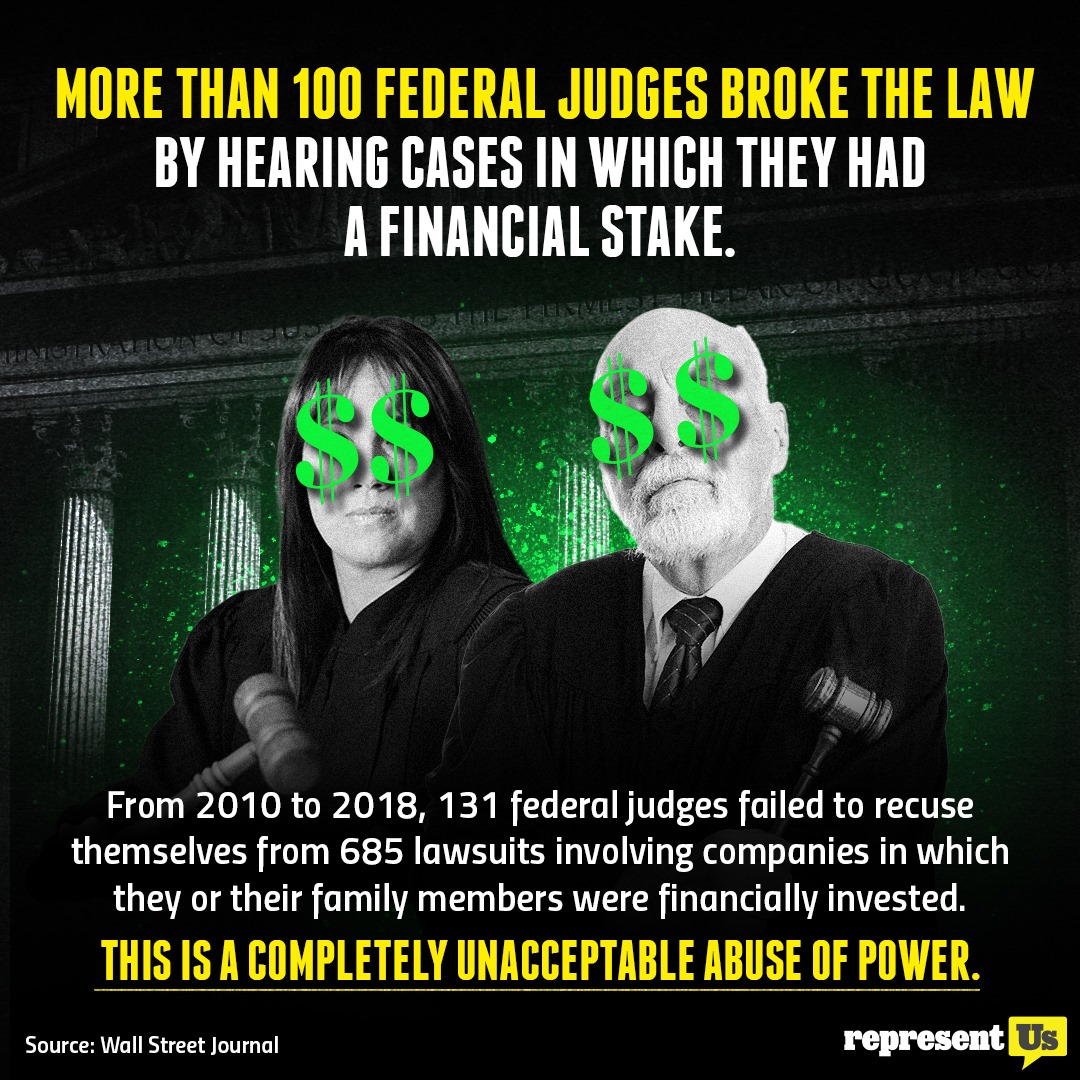 representus's tweet image. How can we expect a fair judicial system when judges won&apos;t recuse themselves over obvious conflicts of interest?