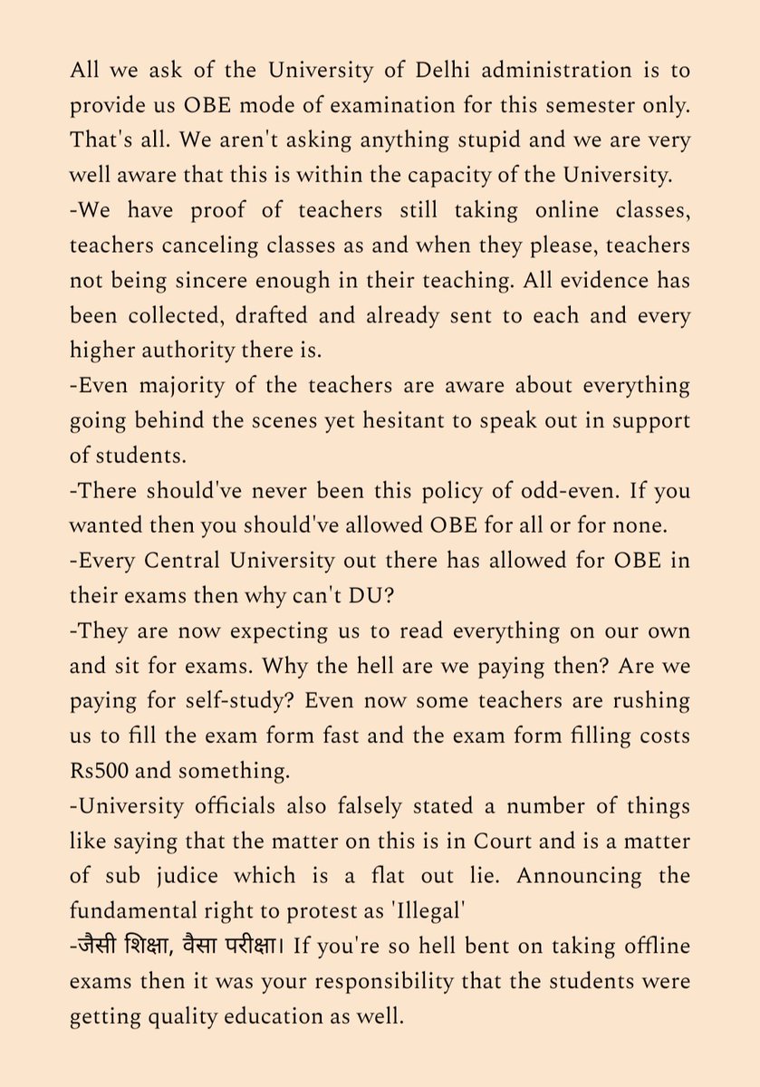 Seeker_96's tweet photo. #DUStudentsWantOBE 
Only a single valid and justified demand, OBE for this semester. https://t.co/tCcBzaj7uL