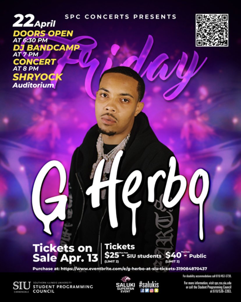 🚨G Herbo will be at SIU on April 22!!🚨
Tickets on sale RIGHT NOW!! 🔥 
$25 for SIU Students (limit two tickets)
$40 for public (limit two tickets)