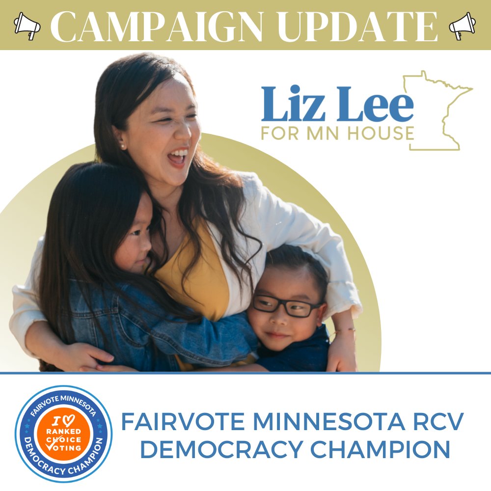 LizLeeMN's tweet photo. 🎉Campaign Update🎉 I am proud to be a @FairVoteMN Democracy Champion! #LizLee #67A #MN67A https://t.co/MPCqCbhJMq