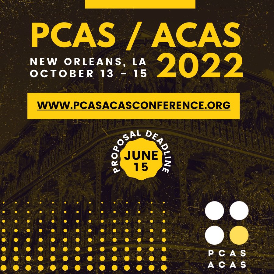 pcasacas's tweet photo. Once y’all wrap up those #pca22 presentations, you should submit a proposal for #PCASACAS22 in New Orleans, Oct 13 - 15!
https://t.co/hX0z58TRAM
#popculture #cfp #academia https://t.co/e31W7ipSCe