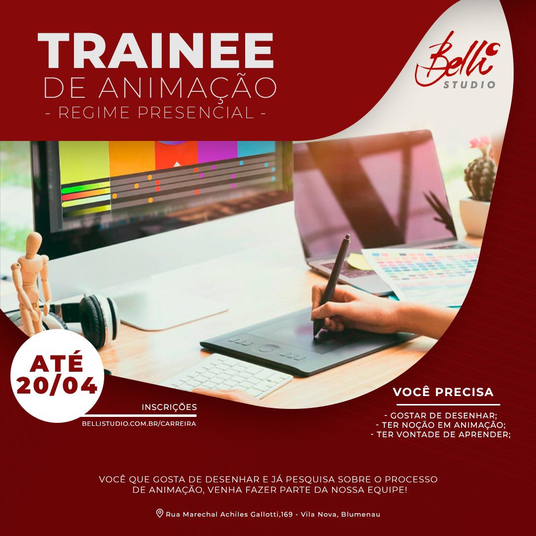 belli_studio's tweet photo. Estamos com vagas abertas para trainees de animação! 

Você que gosta de desenhar e já pesquisa sobre o processo de animação, venha fazer parte da nossa equipe! Inscreva-se pelo site https://t.co/gk6JkWqEey

Inscreva-se!! https://t.co/yZboOBYaz7