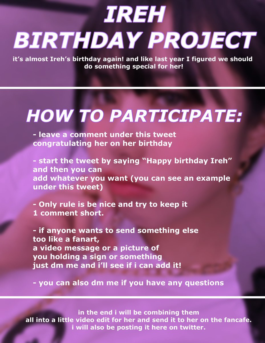 irehloops's tweet photo. ‼️ IREH BIRTHDAY PROJECT ‼️

i hope to see many of you participate! let’s make this day extra special for her by showing her how much we love her!

Read pics under for instructions on how to participate!

*comment before april 25th* https://t.co/ji10Evk4Ro