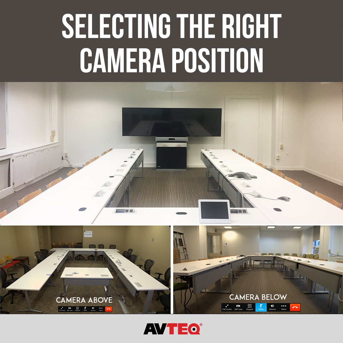 AVTEQ's tweet image. Positioning the camera so remote participants can clearly see the room and other attendees is important. Here is great example of a camera above and below the display. Which is better? 
#cameraposition #cameramount #everysolutionacustomsolution #videoconferencing #meetingspace