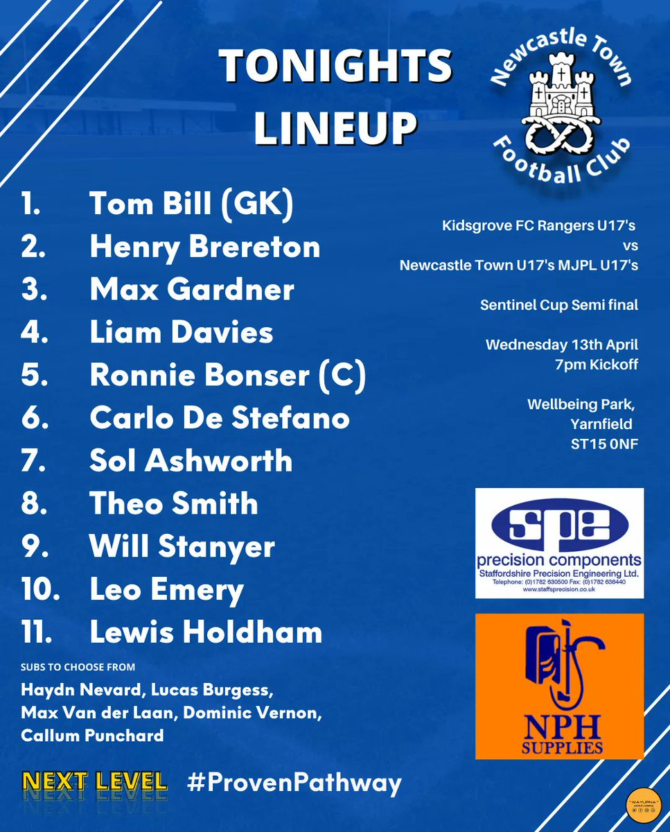 Tonight our U17s MJPL team play Kidsgrove Rangers in the Sentinel Cup Semi-Final.

Here is your starting XI

Best of luck to all players

#NextLevel #ProvenPathway #TheCastle