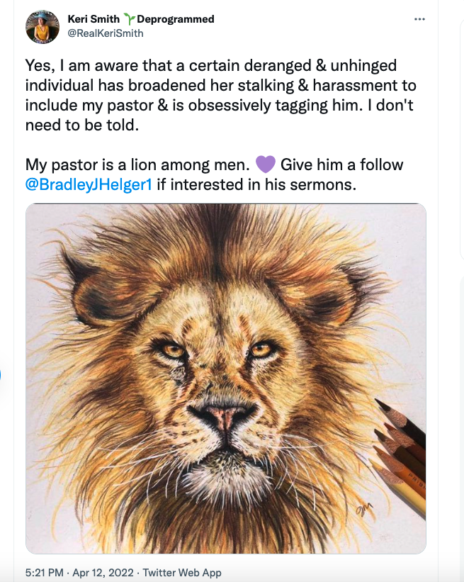 KeriIsObsessed's tweet photo. Just stop reveling in the sins of lying and gossip, Keri. Until you do that, I will keep respectfully asking your paster @BradleyJHelger1 to help you curb your sinful behavior. https://t.co/aLUvto0lxK