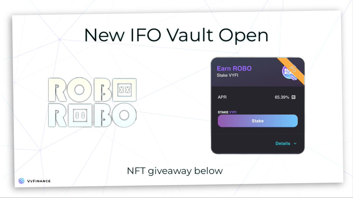 We are proud to announce our second IFO vault with ROBOROBO.

Stake VYFI to earn $ROBO tokens. $ROBO is the native currency for ROBOROBO, a CNFT robot fighting game. 

If you'd like to get in on the action, there is an NFT giveaway. Check our below tweet.
#CNFTGiveaway #CNFT #ADA