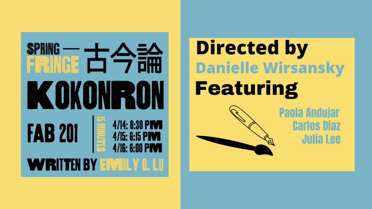 History_FSU's tweet photo. Don't miss the performances of Kokonron 古今論 , A Dialogue Between the Past and Present, written and directed by 2 FSU History graduate students, Emily Lu and Danielle Wirsansky. It will be performed as part of FSU School of Theater's Fringe Festival.
#fsuhistory #fringefestival https://t.co/k44DJNmqbu