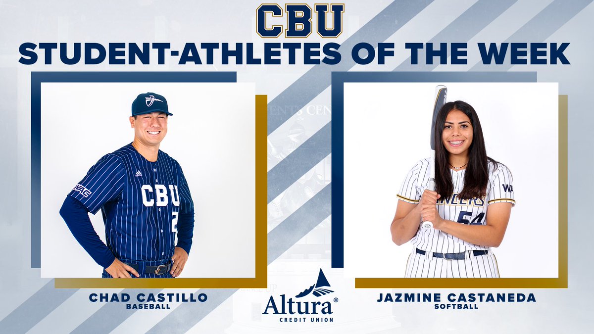 CBULancers's tweet photo. 🏆🏆🏆

Congratulations to @CBUbaseball’s Chad Castillo and @CBUSoftball’s Jazmine Castaneda on being named the CBU @AlturaCU Student-Athletes of the Week.

#LanceUp⚔️ https://t.co/TEDs3ijNBx