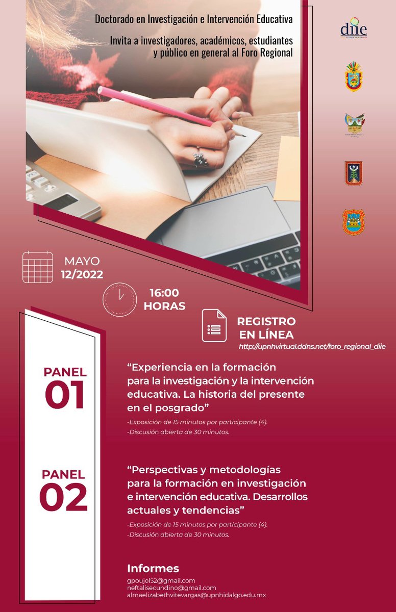 UPNHIDALGO's tweet photo. INVITAMOS a investigadores, académicos, estudiantes y público en general a participar en el Foro Regional #DIIE que se realizará el 12 de mayo
Registro https://t.co/aljS8W1XPB
Informes: gpoujol52@gmail.com, neftalisecundino@gmail.com y almaelizabethvitevargas@upnhidalgo.edu.mx https://t.co/RIVsZeMlGd