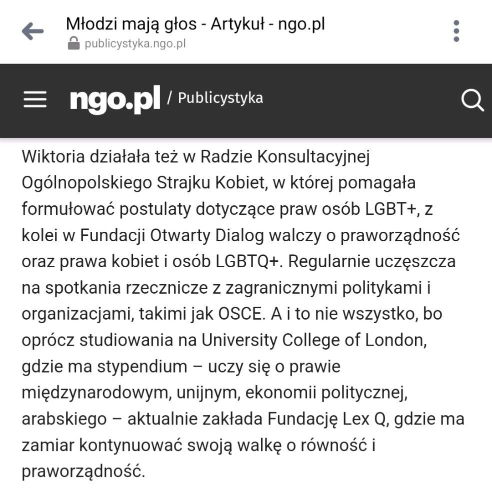 LexQ_Official's tweet photo. Dzisiaj w serwisie @ngopl pojawił się artykuł, do którego wywiadu udzieliła nasza fundatorka i prezeska @magnuszewskaw. Tuż obok @kacperparol_, @DominikkKuc i @JanowiczMorgan Wiktoria rozmawia o zaangażowaniu młodych w zmiany w obecnych, szybkopłynących czasach🕒
#lexq #lexqueer https://t.co/5uoFPR66zw