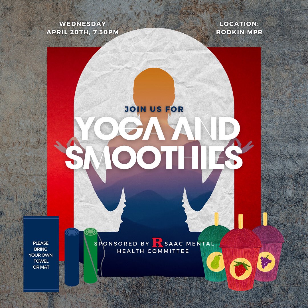 rutgerssaac's tweet photo. 🗣Join us on April 20th at 7:30PM! We will have a yoga session along with some tasty smoothies at the Rodkin MPR.🧘‍♂️🧘‍♂️🧋𝐁𝐞 𝐬𝐮𝐫𝐞 𝐭𝐨 𝐬𝐢𝐠𝐧 𝐮𝐩 𝐨𝐧 𝐇𝐞𝐥𝐩𝐞𝐫 𝐇𝐞𝐥𝐩𝐞𝐫 𝐚𝐧𝐝 𝐛𝐫𝐢𝐧𝐠 𝐲𝐨𝐮𝐫 𝐨𝐰𝐧 𝐭𝐨𝐰𝐞𝐥 𝐨𝐫 𝐦𝐚𝐭. https://t.co/DuBN99aobf