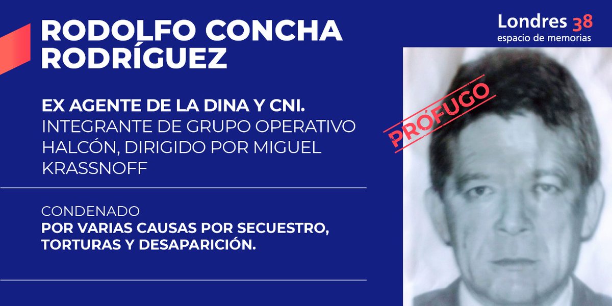 🔴#URGENTE | DIFUNDIR‼️
🆘 Denunciamos la fuga del ex agente de la DINA. Autor de la detención y desaparición de personas durante la dictadura, entre ellos #MiguelEnríquez y #AlfonsoChanfreau (MIR).
📢 Exigimos la pronunciación de las autoridades ‼️

#TodaLaVerdadTodaLaJusticia