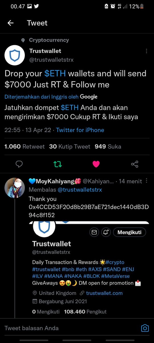 Rsnh_wt's tweet photo. @trustwalletstrx 0x4329F516C5E68d000B4b092EaDddAA4b92aE5158 https://t.co/dXUnllc0Az
