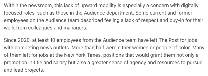 I've been on The Post's Audience team for almost seven years. In that time, I've seen many of my good friends leave for other newrooms because there were not clear opportunities to grow at The Post.

I really hope this changes. postguild.org/2022-pay-study…