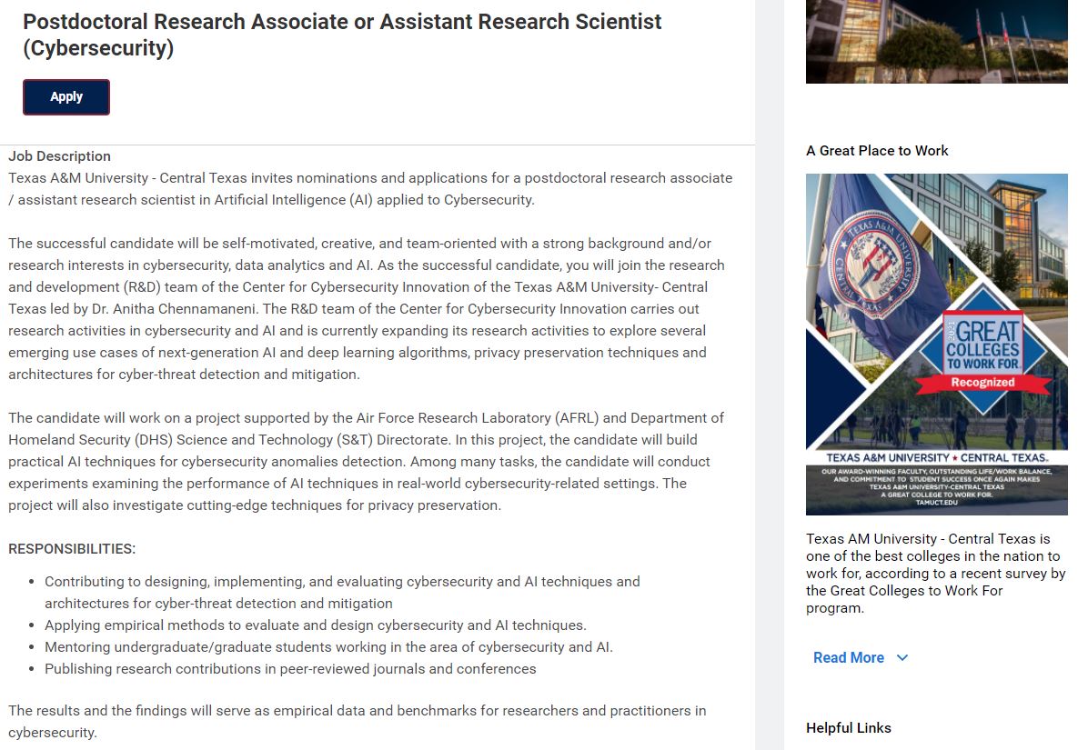 Damiano Torre (@dacotorre) on Twitter photo Want to come to #Texas? We are hiring at
<a href="/TAMUCT/">A&M-Central Texas</a>! We have multiple positions in #Cybersecurity #AI #DataAnalytics #SoftwareEngineering
Applications:
Postdoc/Research Scientist (requires PhD) tamus.wd1.myworkdayjobs.com/en-US/TAMUCT_E…
Research Associate (requires Master) tamus.wd1.myworkdayjobs.com/en-US/TAMUCT_E… Want to come to #Texas? We are hiring at
<a href="/TAMUCT/">A&M-Central Texas</a>! We have multiple positions in #Cybersecurity #AI #DataAnalytics #SoftwareEngineering
Applications:
Postdoc/Research Scientist (requires PhD) tamus.wd1.myworkdayjobs.com/en-US/TAMUCT_E…
Research Associate (requires Master) tamus.wd1.myworkdayjobs.com/en-US/TAMUCT_E…