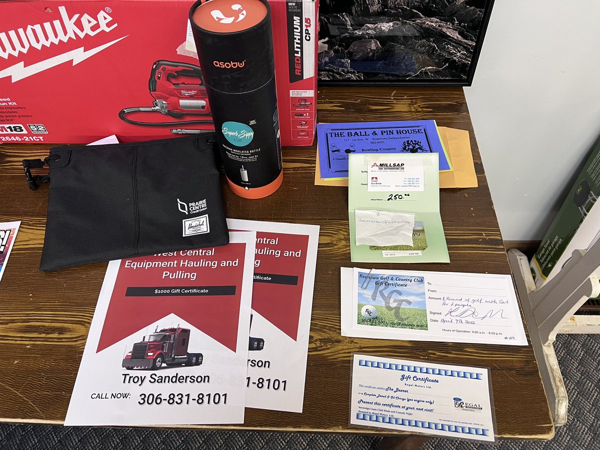 sovereign_lions's tweet photo. Donations and items are rolling in for our silent auction and we’ve got some great stuff and more to come! Tools, gift cards, local services, herbicides and more!  Remember proceeds from Friday’s event will be in support of Rosetown Kid Kare! Cash, cheque and e-transfer accepted! https://t.co/Nm15sbdDrk
