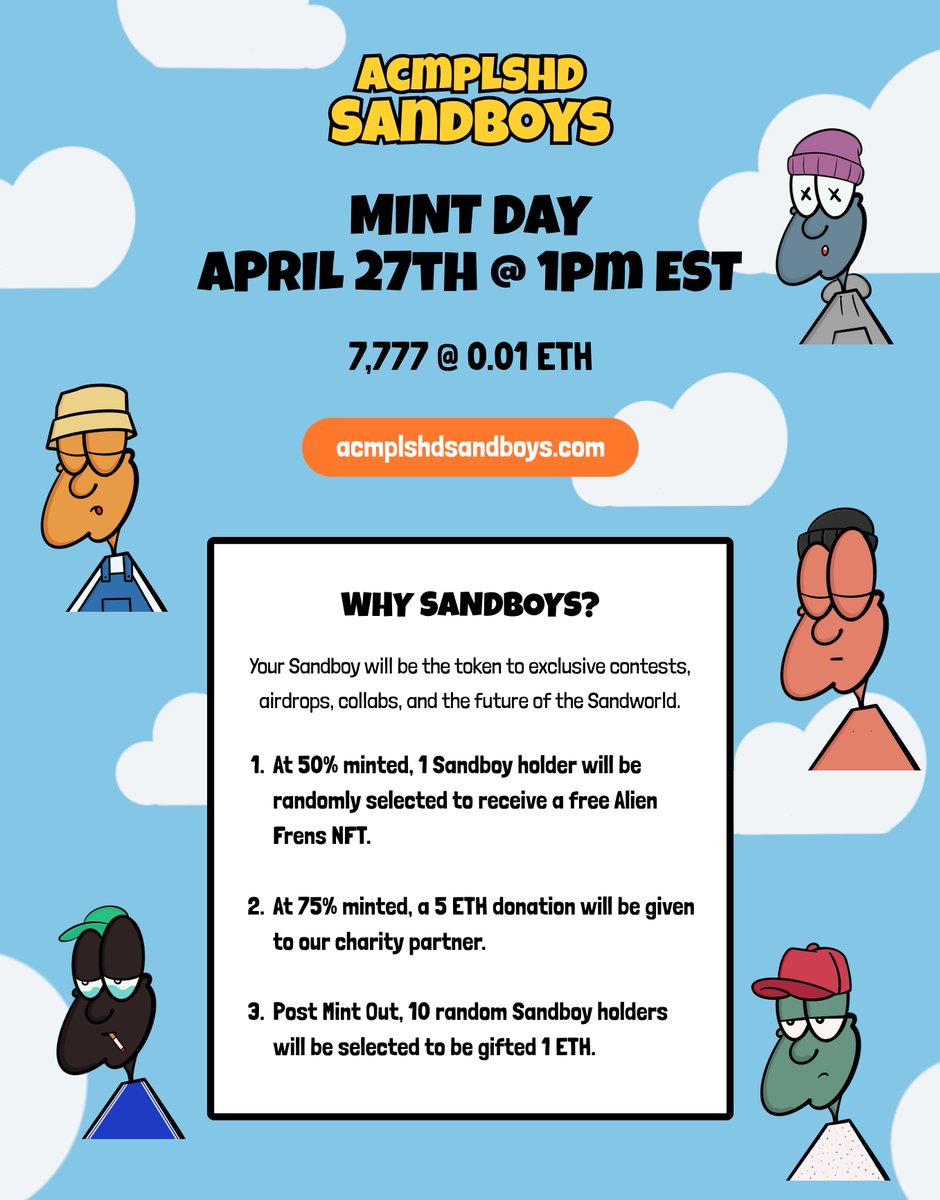 sandboysNFT's tweet photo. We're super excited to share with everyone, we will be minting on April 27th at 1pm EST, for 0.01ETH, check the poster for details! you definitely are going to want to be apart of this! https://t.co/ocuClie5TO