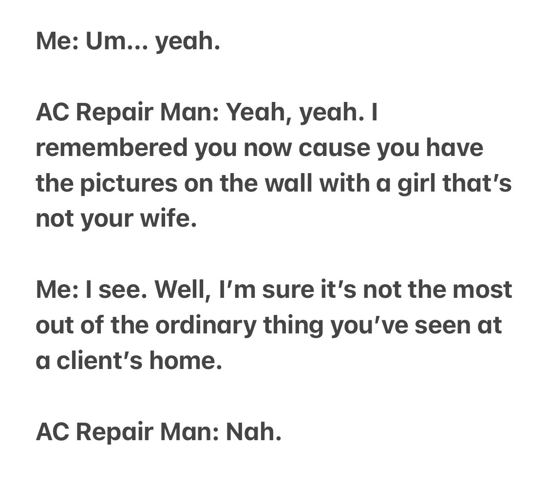 mypolylife's tweet photo. Last time the AC repair man visited, he couldn’t help asking why I had pictures on my wall with a lady that wasn’t my wife… #NonMonogamy #Polyamory #OpenMarriage #Metamours #Visibility #MarriedAndDating https://t.co/EXU8T7BhUg
