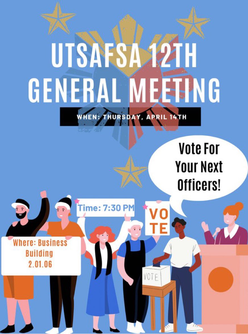 Mabuhay everyone! 
Tomorrow at 7:30pm in the Business Building 2.01.06 will be our 12th General Meeting! This meeting is where you will vote for your next officer line! Come out and support your candidates. See y’all there! Salamat po.