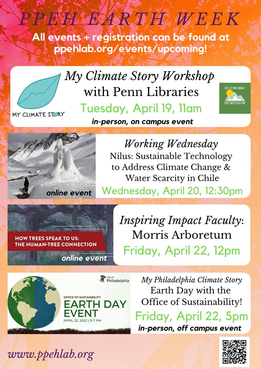 PPEHLab's tweet photo. Join us next week for #PPEHEarthWeek events! #EnvHum #MyClimateStory #EcotopianToolkit #WorkingWednesdays @KristinaLyons17 @CLALS_UPENN @upennlib @christinemknapp @GreenworksPhila @CouncilwomanKGR https://t.co/gaWgyxbPqP