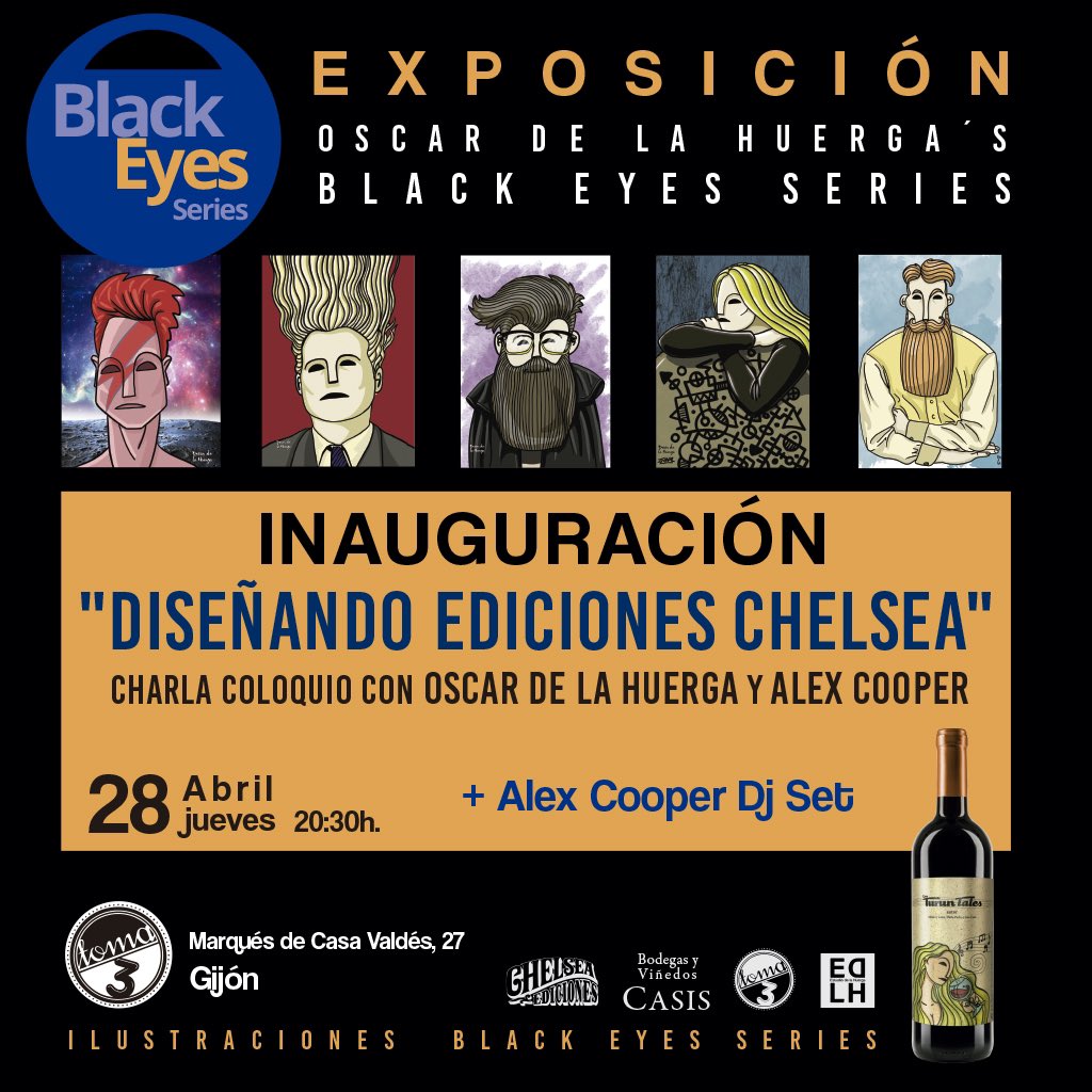oscardelahuerga's tweet photo. El 28 de abril, tendré el placer de inaugurar mi exposición #blackeyesseries en #gijon y el honor de hacerlo con una charla/coloquio con #alexcooper acerca de los procesos creativos en el diseño editorial de #edicioneschelsea en el @Toma3Gijon #SaveTheDate #oscardelahuerga https://t.co/3SBrocxrpR