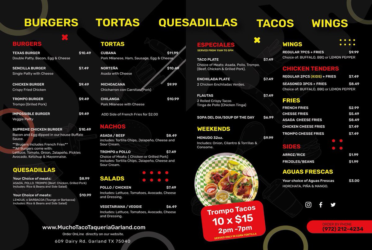 El_TAKERO97's tweet photo. If you guys aren’t aware yet we opened a Taqueria located in 609 Dairy Rd Garland Tx Suite 100, we do a little of everything from tacos, burritos, quesadillas, flautas, tortas, wings, burgers and of course Trompo! Come check us out and support our small business! https://t.co/PRI0AU7pe1