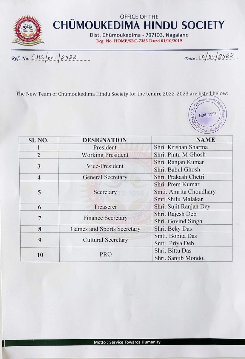 chumoukedima's tweet photo. New team of Chümoukedima Hindu Society for the year https://t.co/1x5SOmsVCZ wishes to all for your future endeavours 🎉💐 https://t.co/6XSRjgoWDe
