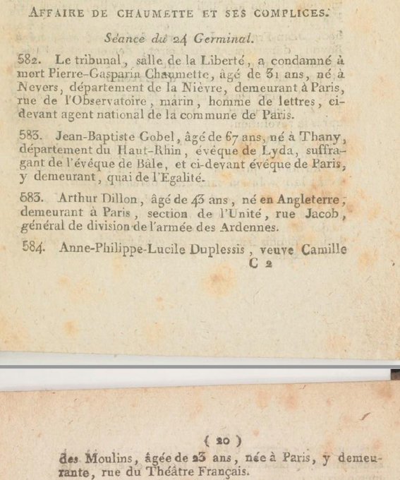 1792_1815's tweet photo. 13 avril 1794 Verdict du procès de la « Conspiration du Luxembourg » : 7 acquittements et 19 condamnations à mort, dont le général #Dillon, #Beysser, #Chaumette, la veuve d'#Hébert, l'évêque #Gobel, Lucille #Desmoulins. Les exécutions ont lieu le jour même. https://t.co/jkoPjowmbh